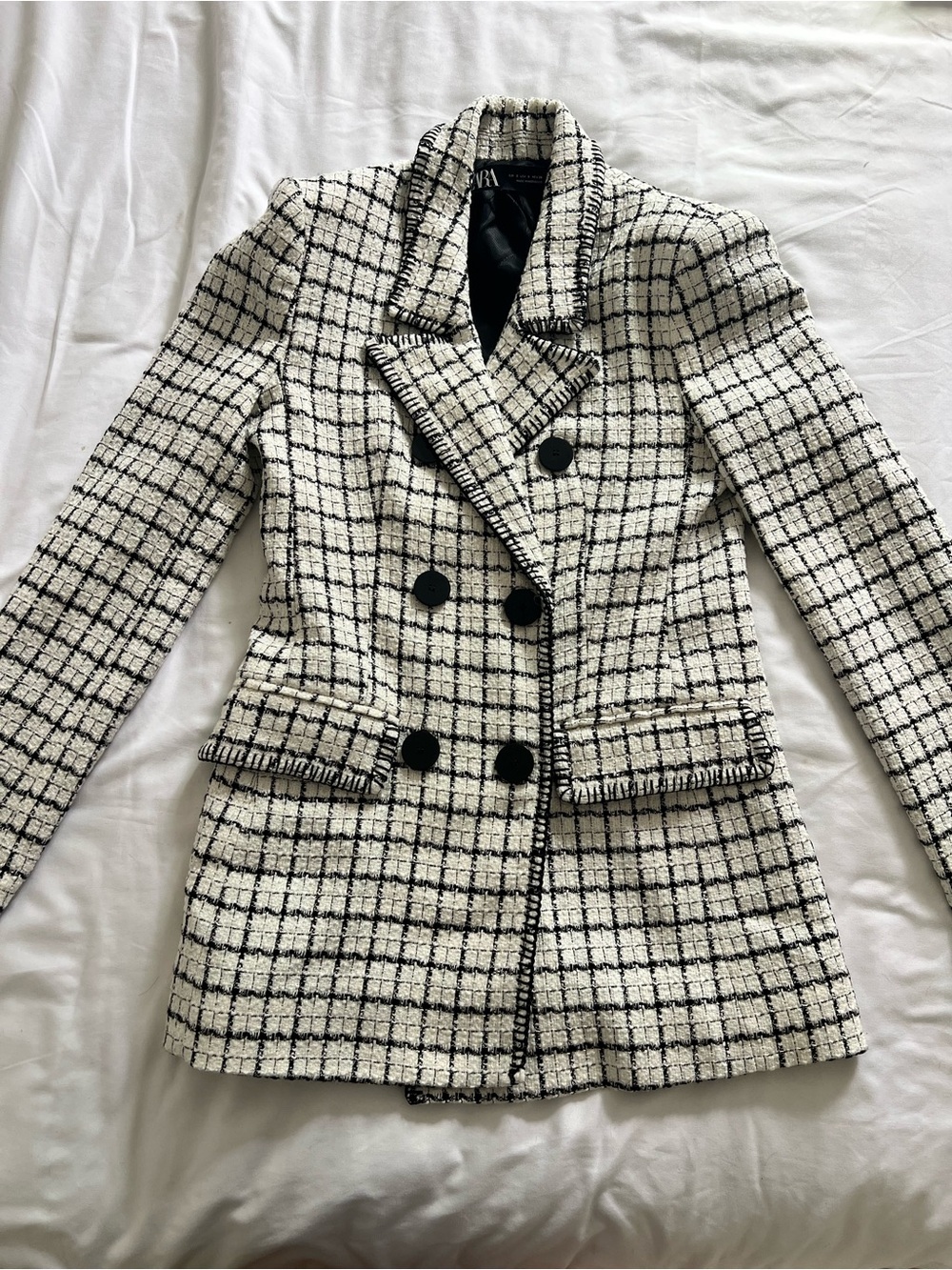 Zara Black & White Checked Double-Breasted Tweed Blazer Size Small